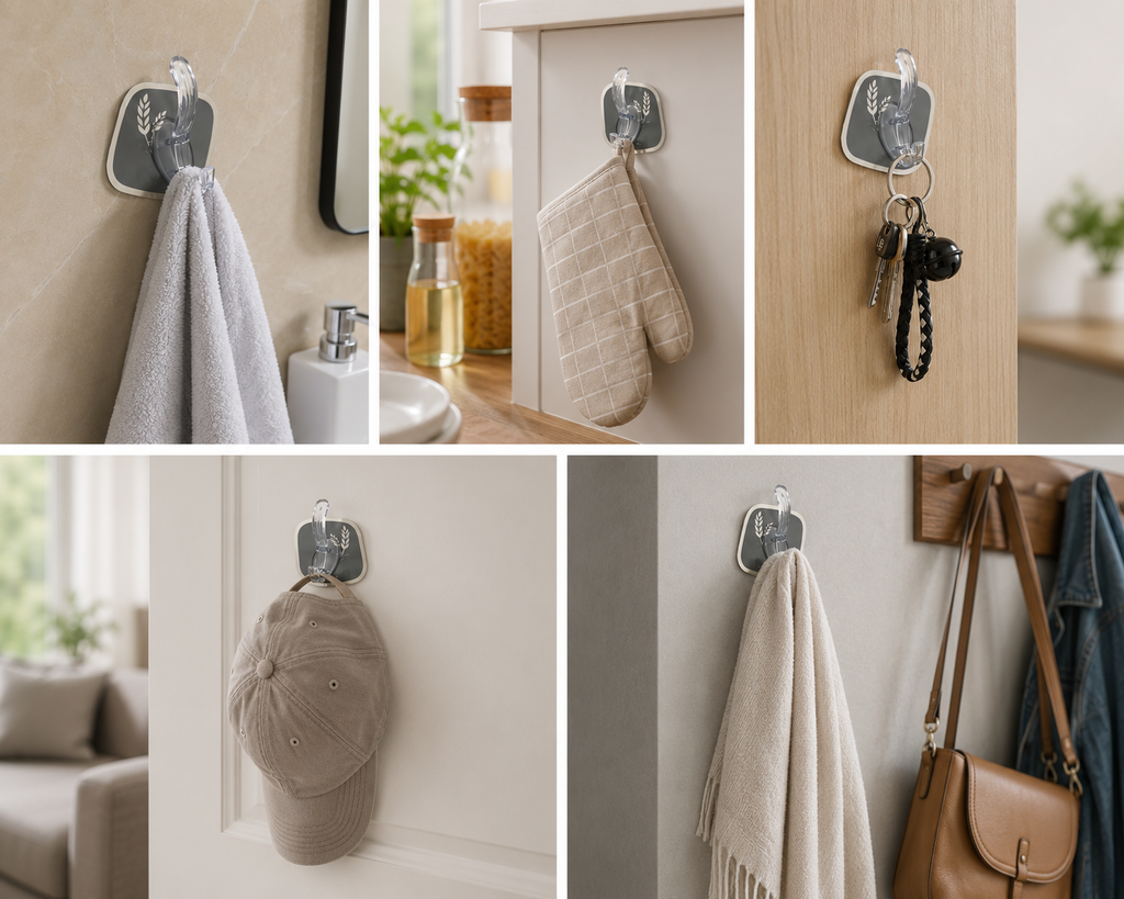 4-Pack Clear Self-Adhesive Hooks for Smooth Surfaces