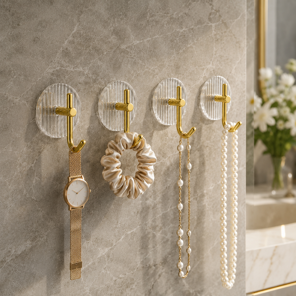 4 Pack Self Adhesive Acrylic Wall Hooks, Clear & Gold Tone
