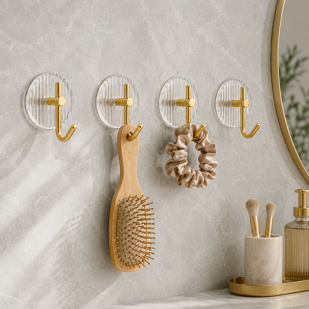 4 Pack Self Adhesive Acrylic Wall Hooks, Clear & Gold Tone