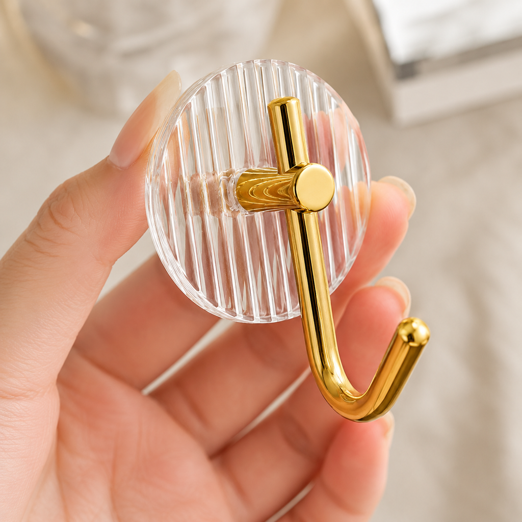 4 Pack Self Adhesive Acrylic Wall Hooks, Clear & Gold Tone
