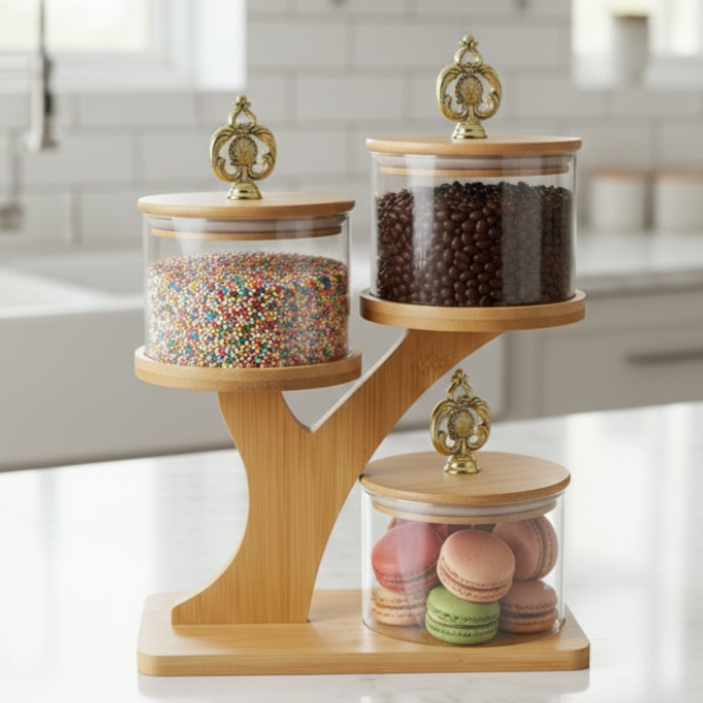TriLevel Ribbed Glass Container Set with Bamboo Stand