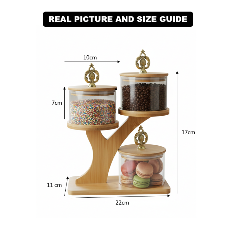 TriLevel Ribbed Glass Container Set with Bamboo Stand