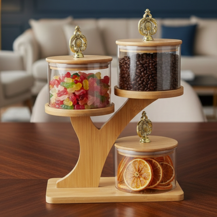TriLevel Ribbed Glass Container Set with Bamboo Stand