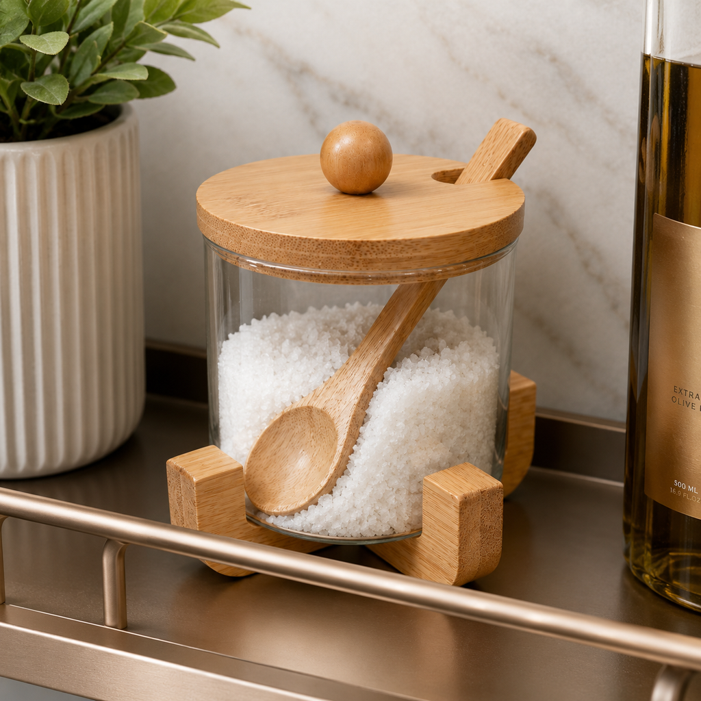LuxeWood Glass Jar with Stand and Spoon