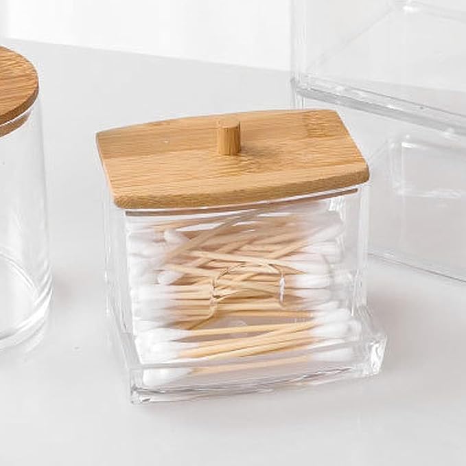 Drawer Style Cotton Swab Holder with Wooden Lid