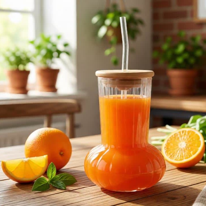 Modish Glass Tumbler with Wooden Lid & Glass Straw