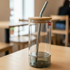 Round Glass Tumbler & Straw with Wooden Airtight Lid
