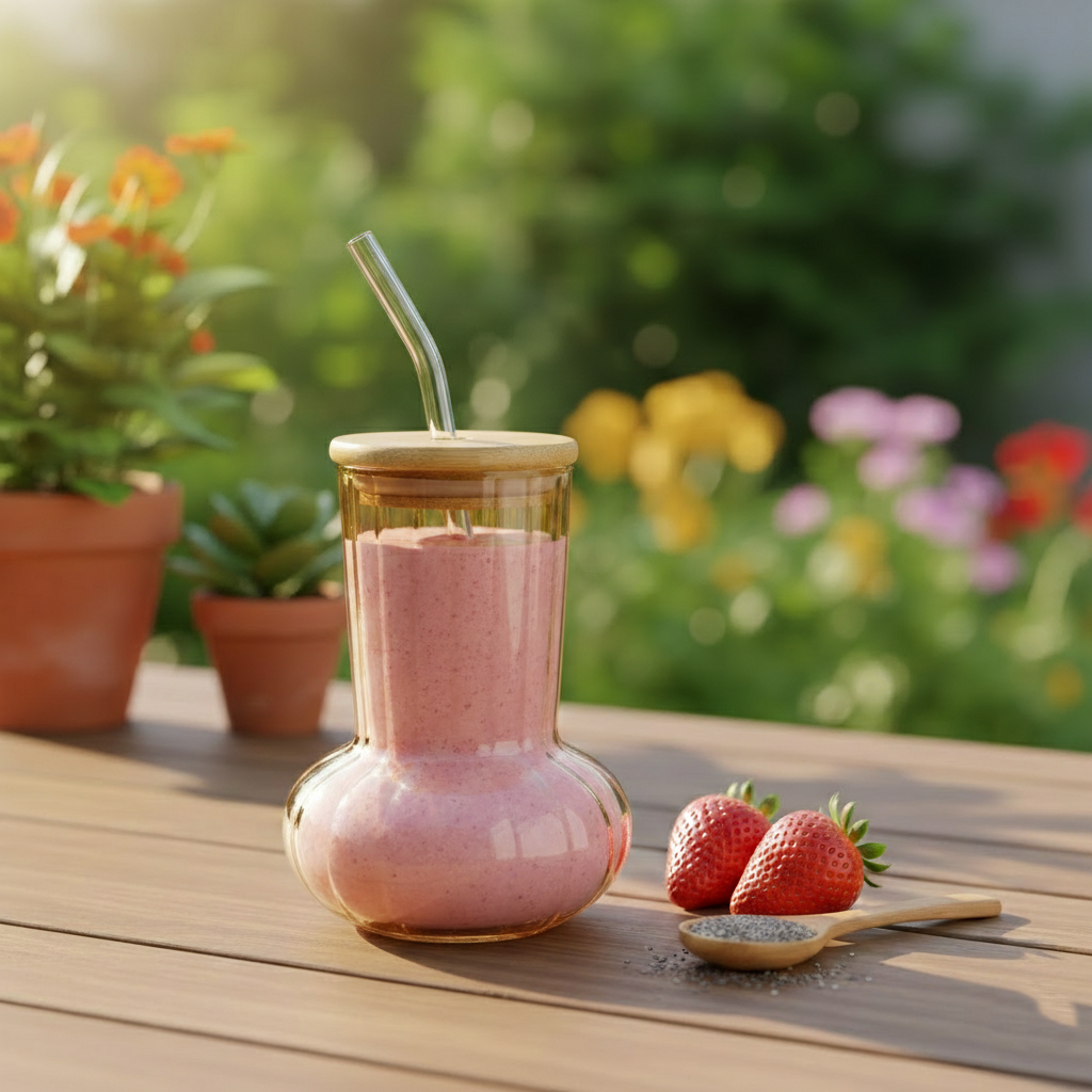 Modish Glass Tumbler with Wooden Lid & Glass Straw