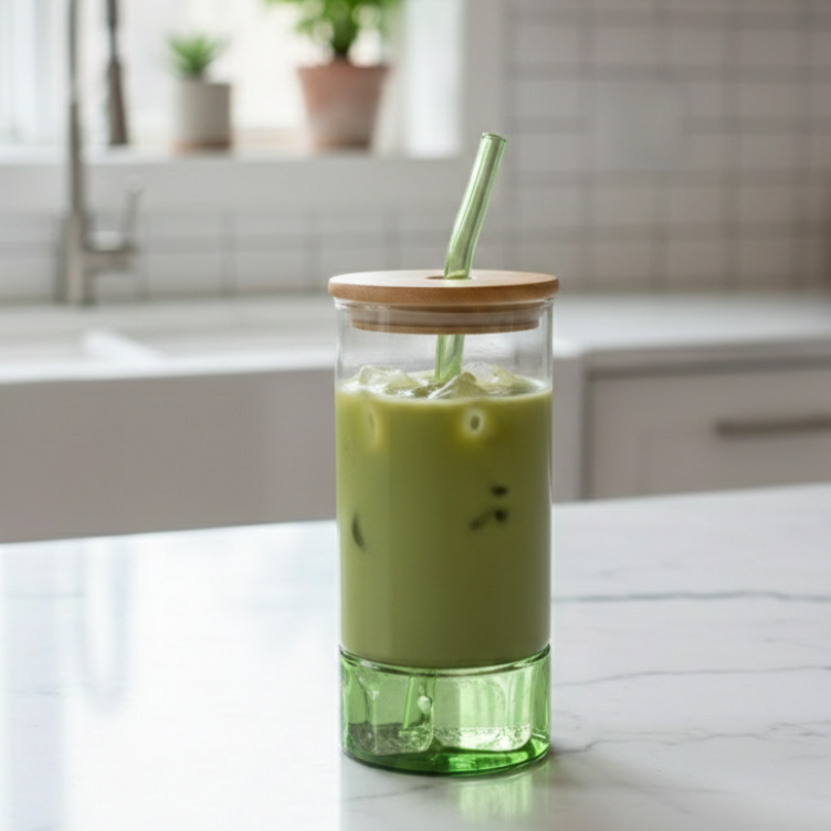 Round Glass Tumbler & Straw with Wooden Airtight Lid