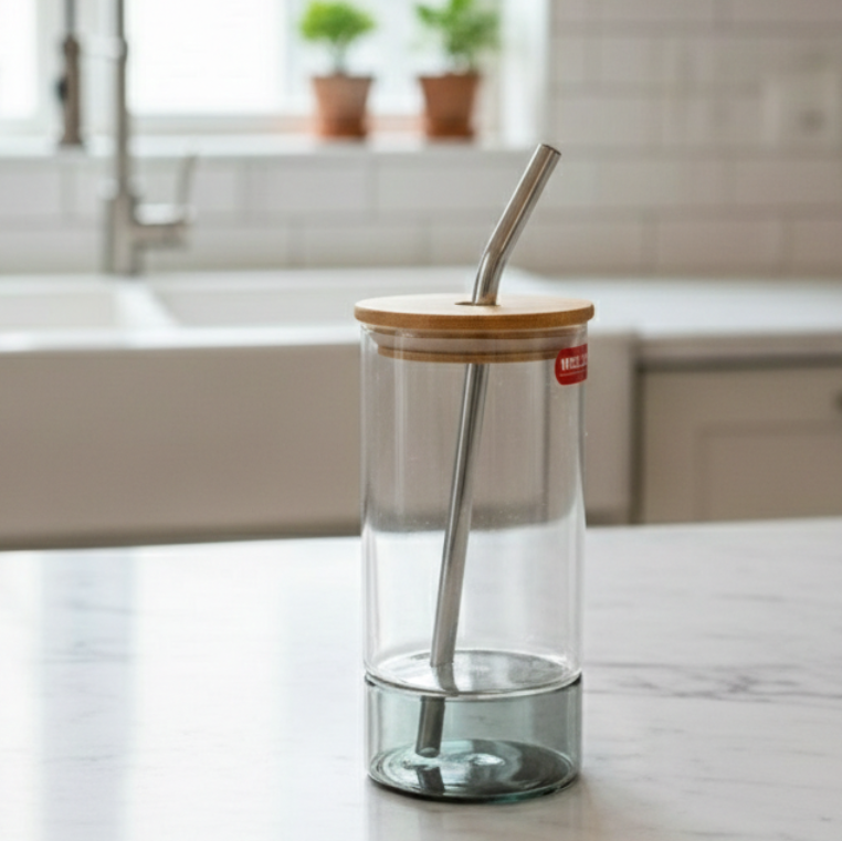 Round Glass Tumbler & Straw with Wooden Airtight Lid