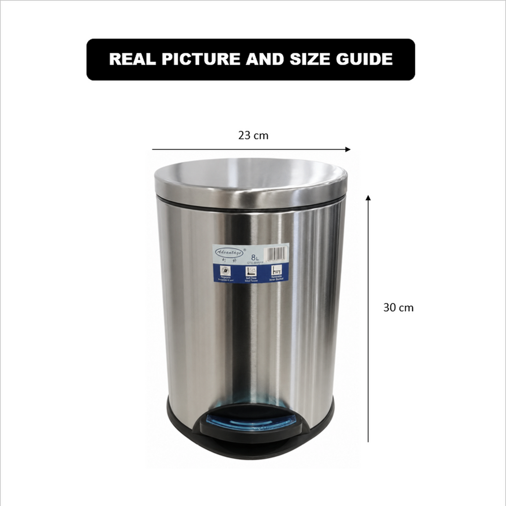 8L Pedal Operated & Soft Close Stainless Steel Bin