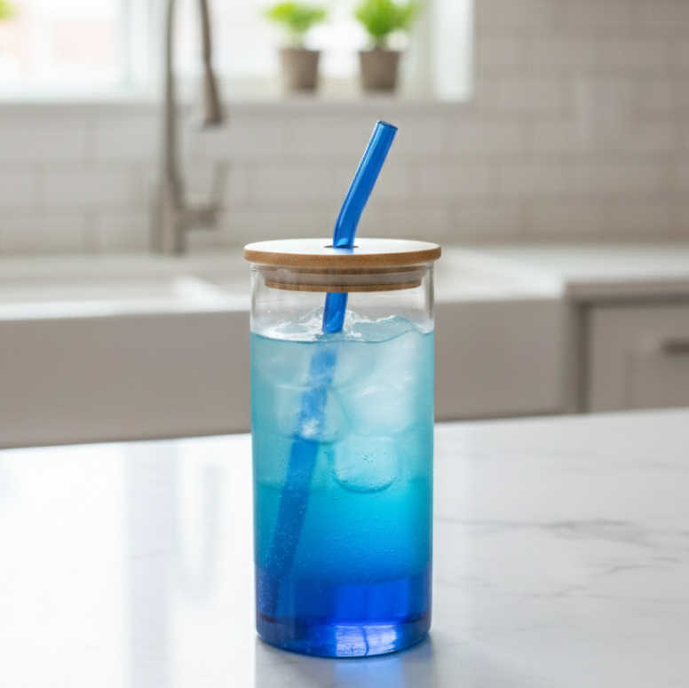 Round Glass Tumbler & Straw with Wooden Airtight Lid