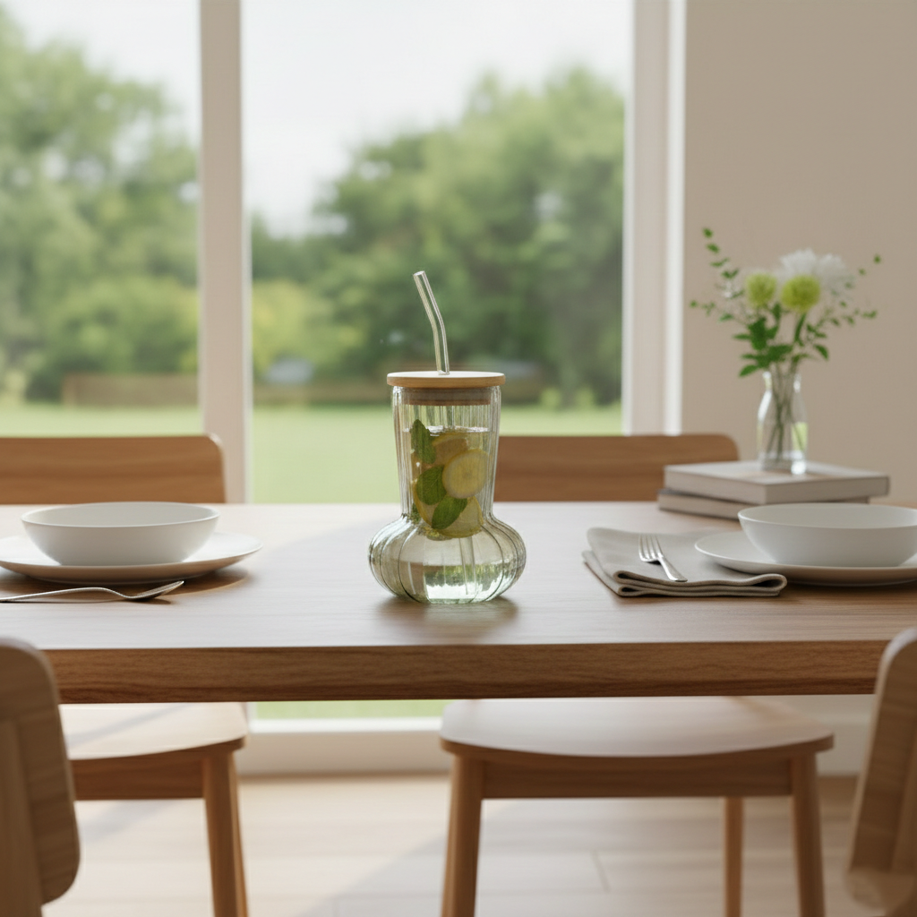 Modish Glass Tumbler with Wooden Lid & Glass Straw