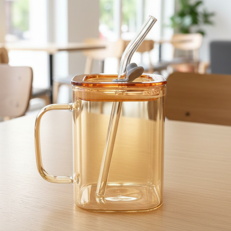 Mini Square Glass Tumbler & Straw with Airtight Lid
