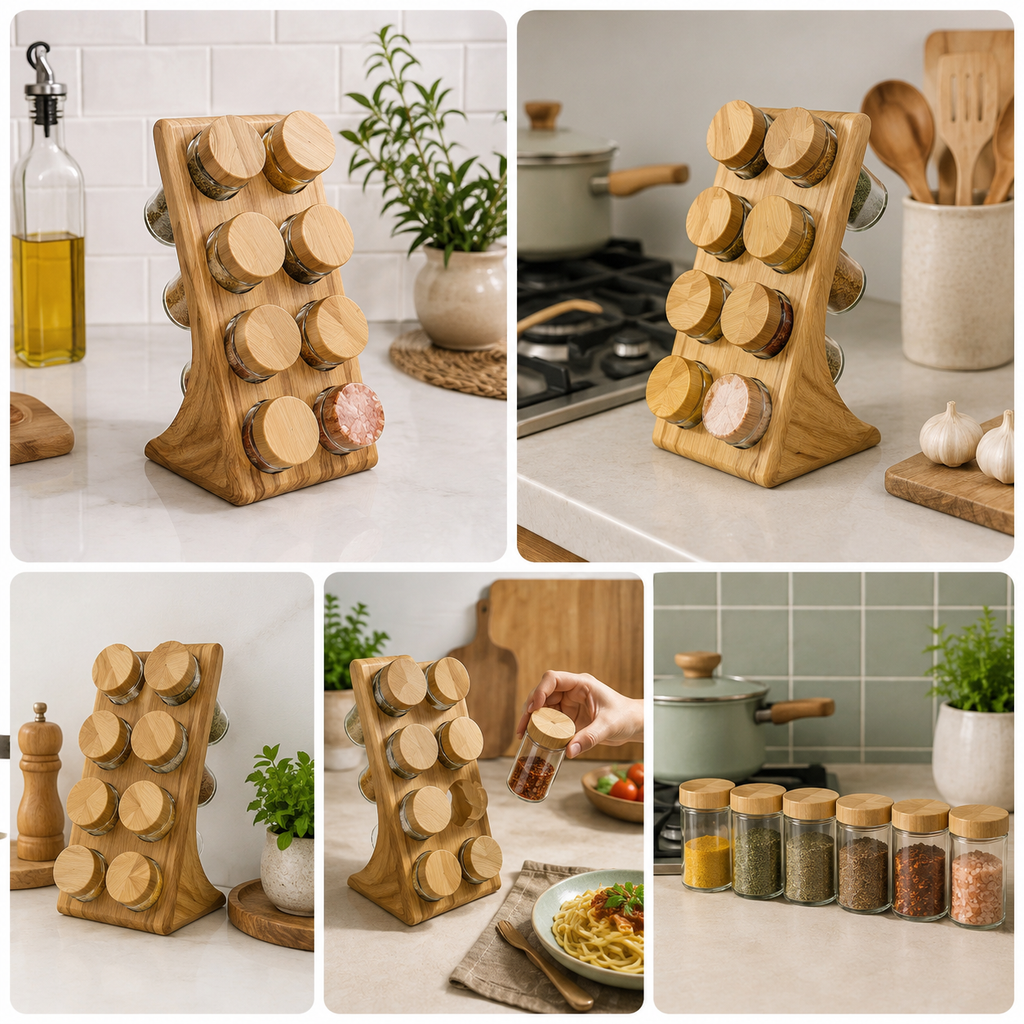 8-Jar Upright Spice Rack with Perforated Shaker Inserts