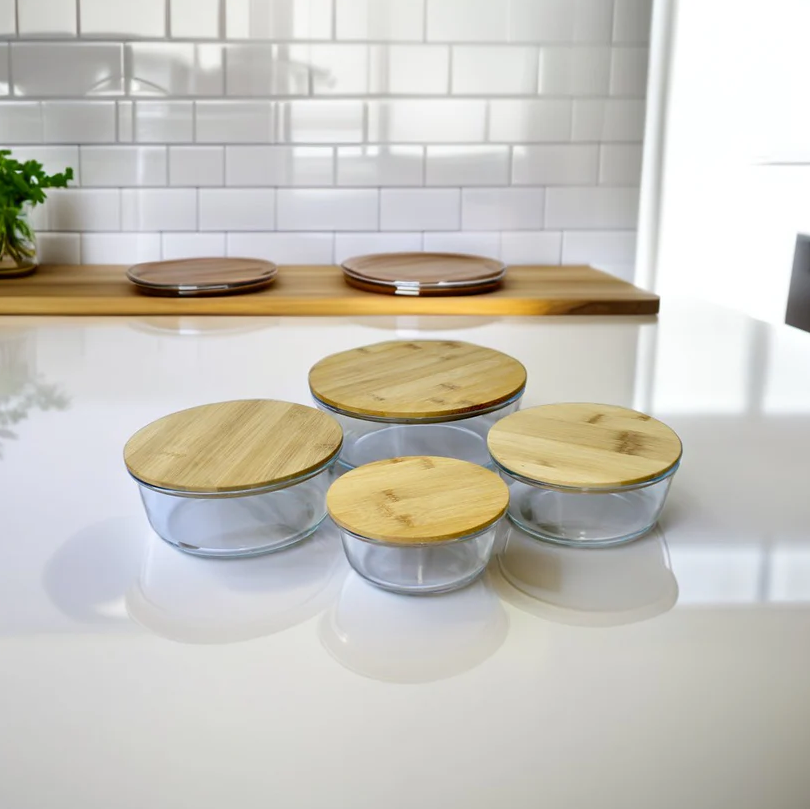 4Pcs Airtight Bamboo-Lid Glass Bowls Set – Round