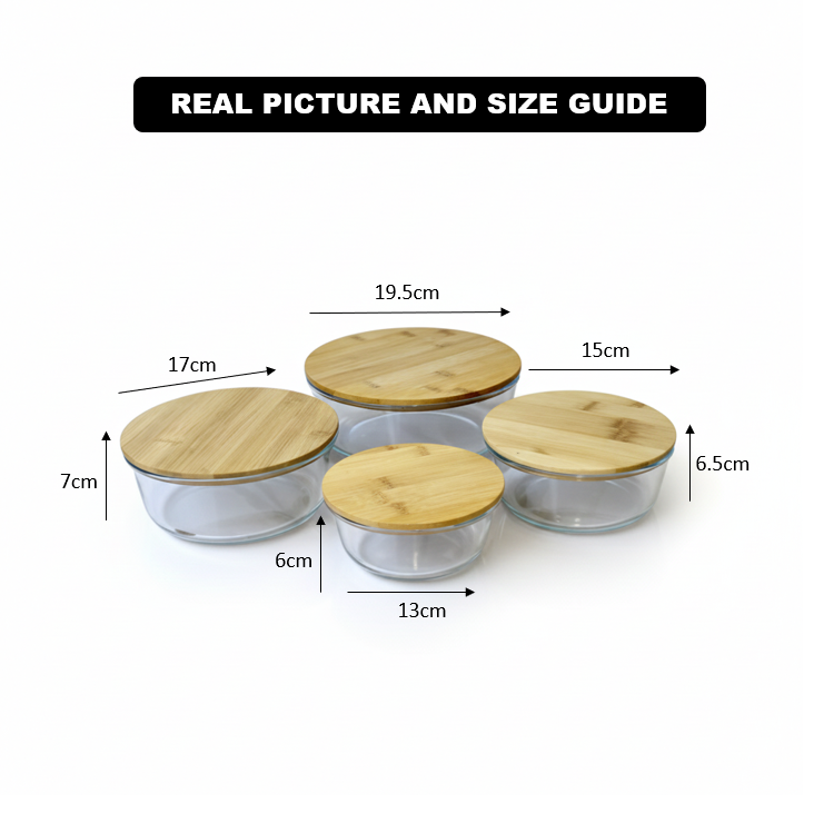 4Pcs Airtight Bamboo-Lid Glass Bowls Set – Round