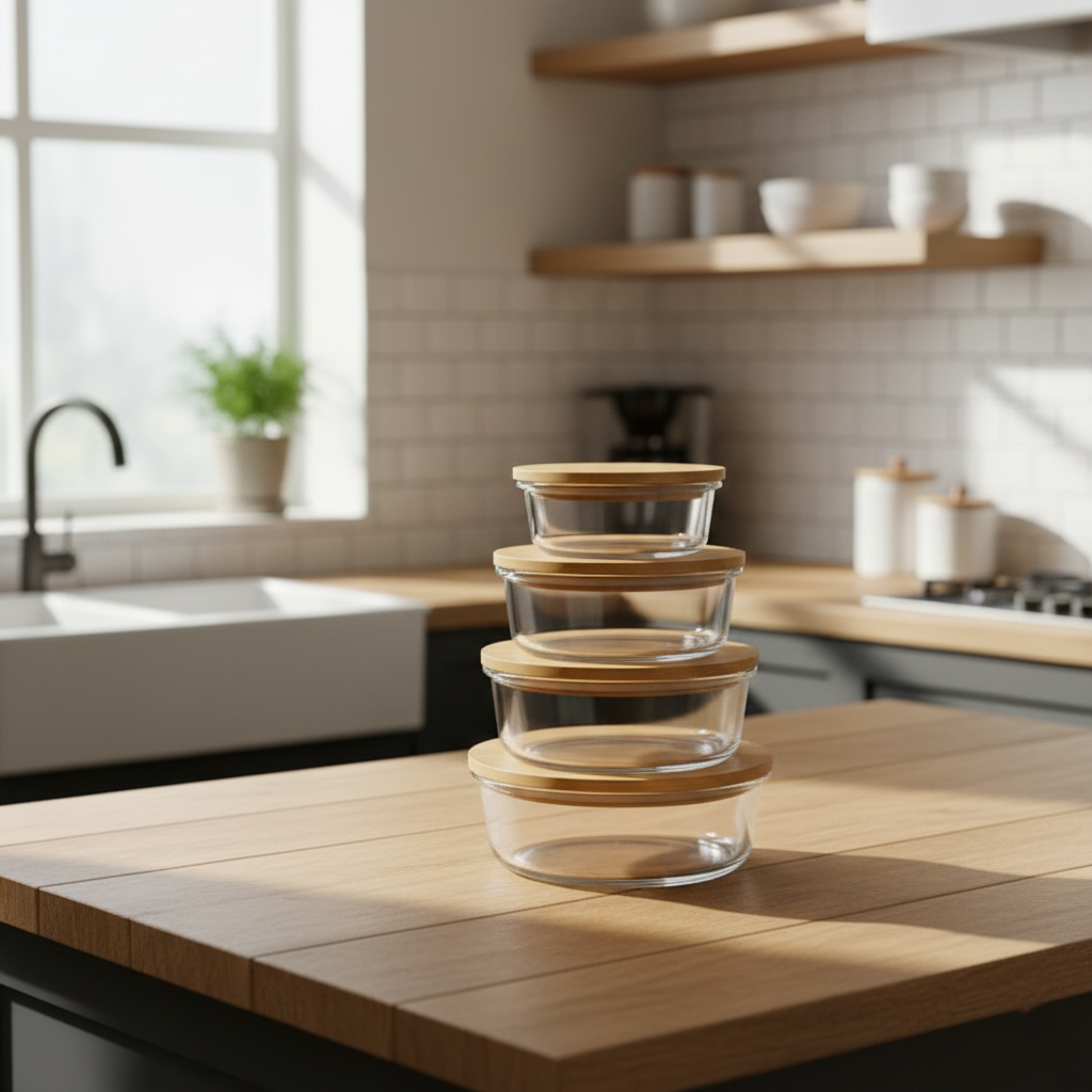 4Pcs Airtight Bamboo-Lid Glass Bowls Set – Round