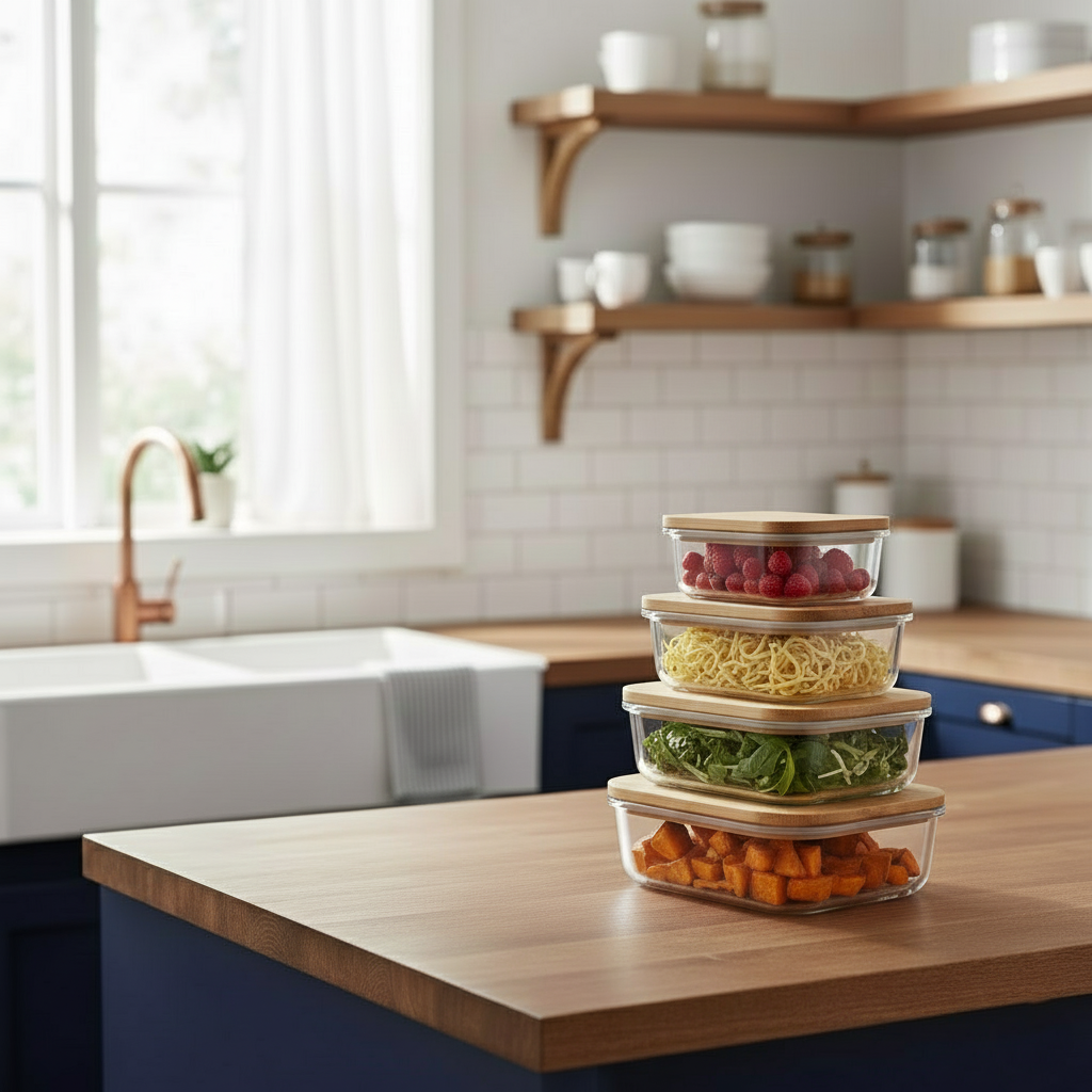 4Pcs Airtight Bamboo-Lid Glass Bowls Set – Rectangle