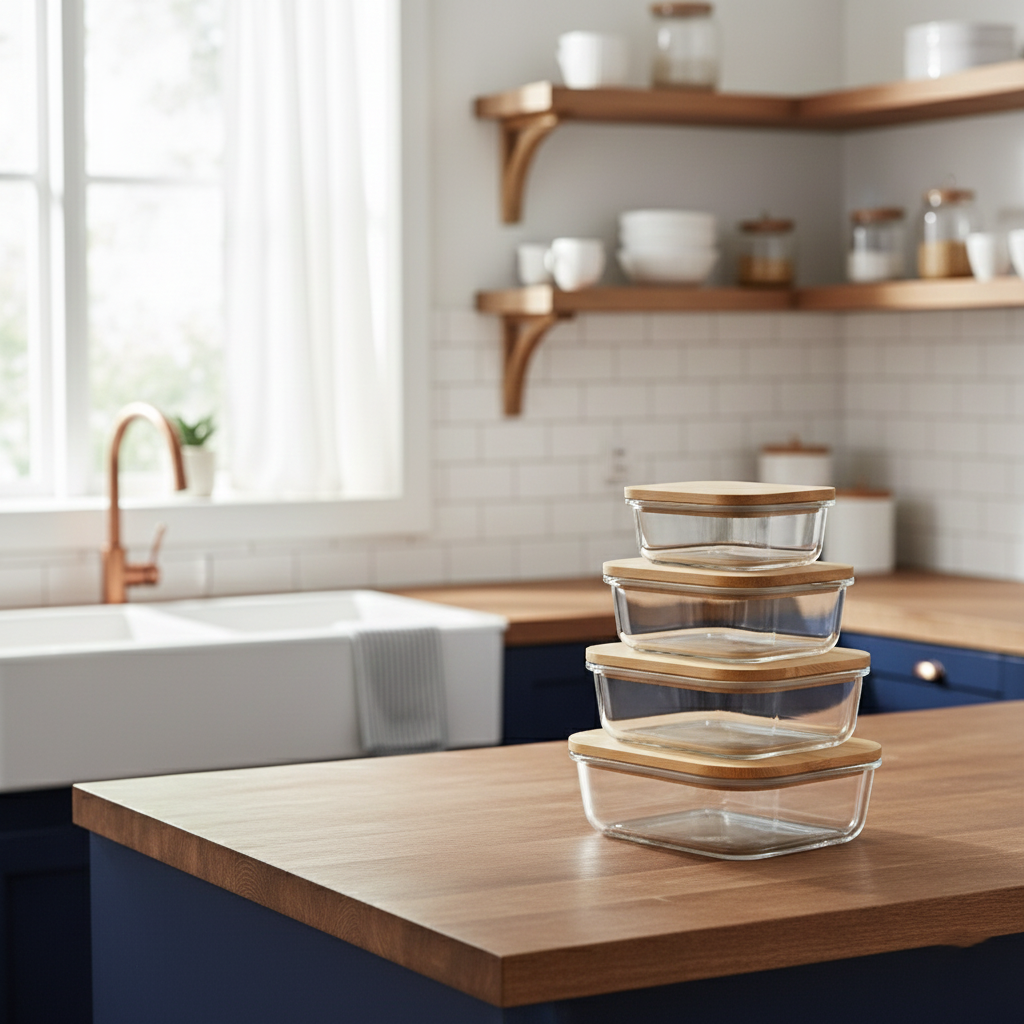 4Pcs Airtight Bamboo-Lid Glass Bowls Set – Rectangle