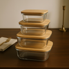 4Pcs Airtight Bamboo-Lid Glass Bowls Set – Rectangle