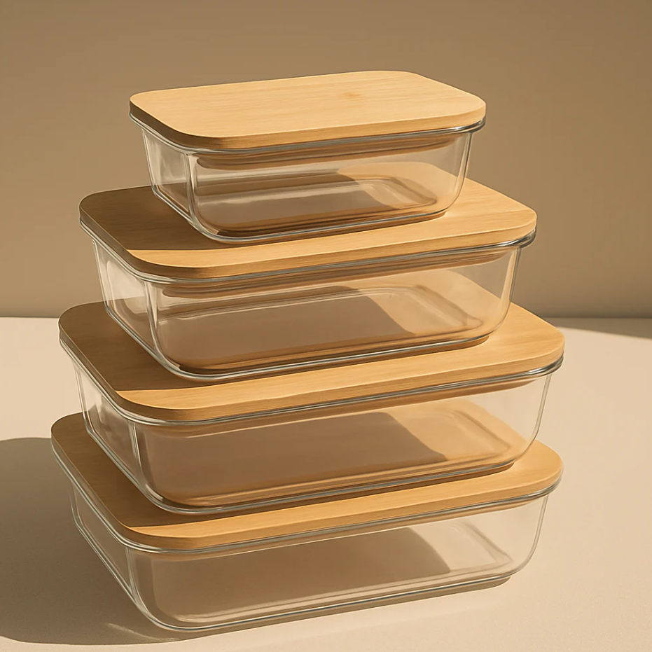 4Pcs Airtight Bamboo-Lid Glass Bowls Set – Rectangle