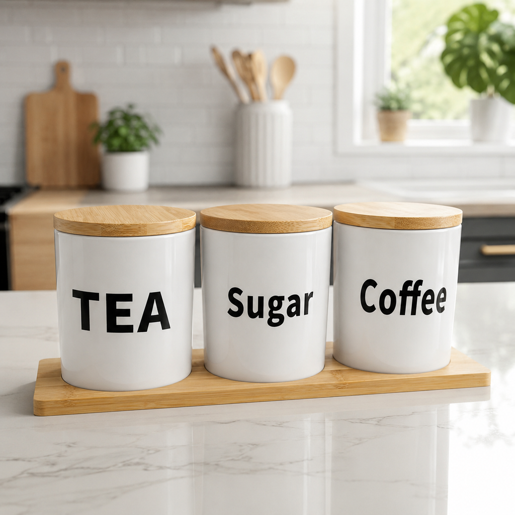 Airtight Glass Tea, Coffee & Sugar Jar Set with Bamboo Tray