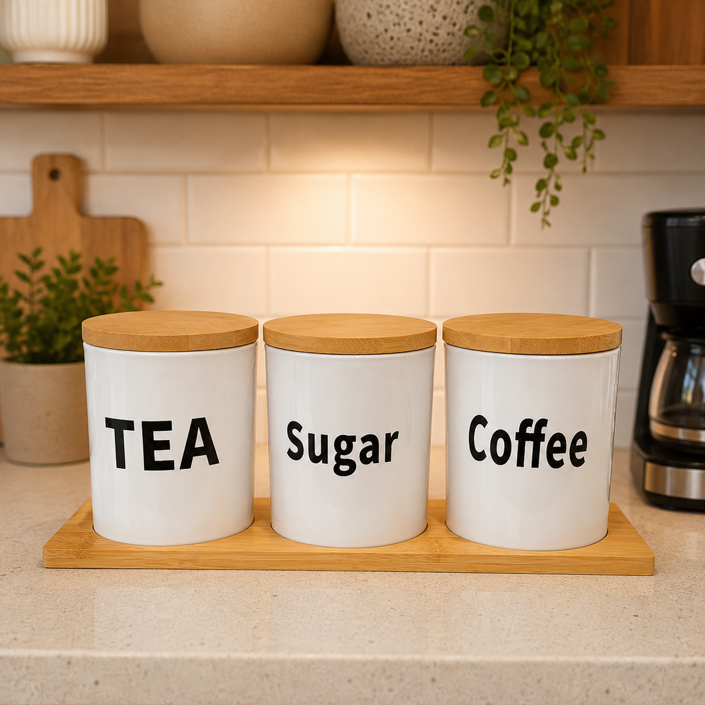 Airtight Glass Tea, Coffee & Sugar Jar Set with Bamboo Tray
