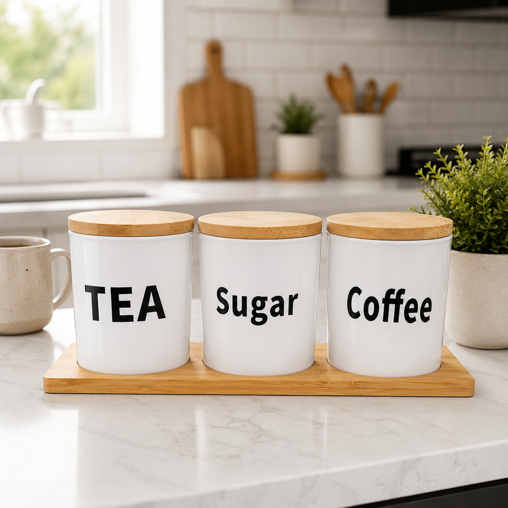 Airtight Glass Tea, Coffee & Sugar Jar Set with Bamboo Tray