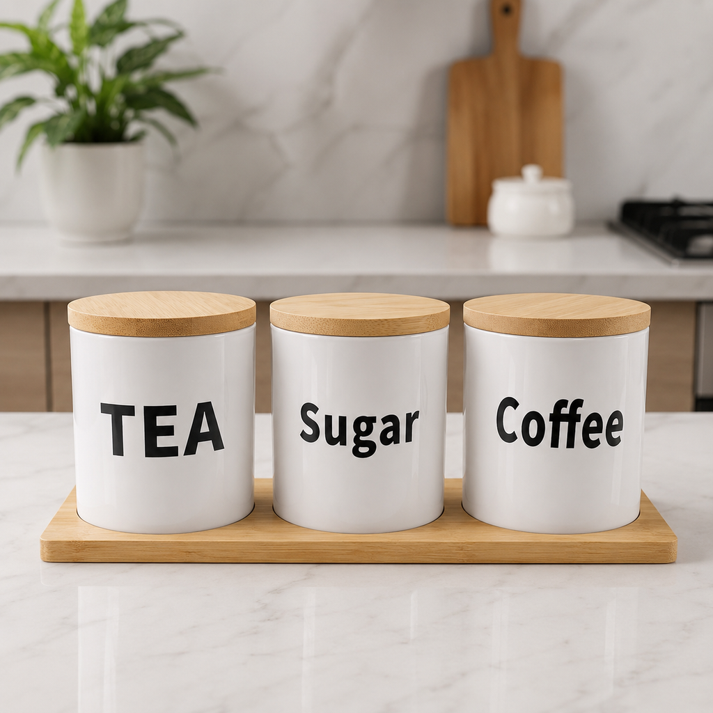 Airtight Glass Tea, Coffee & Sugar Jar Set with Bamboo Tray