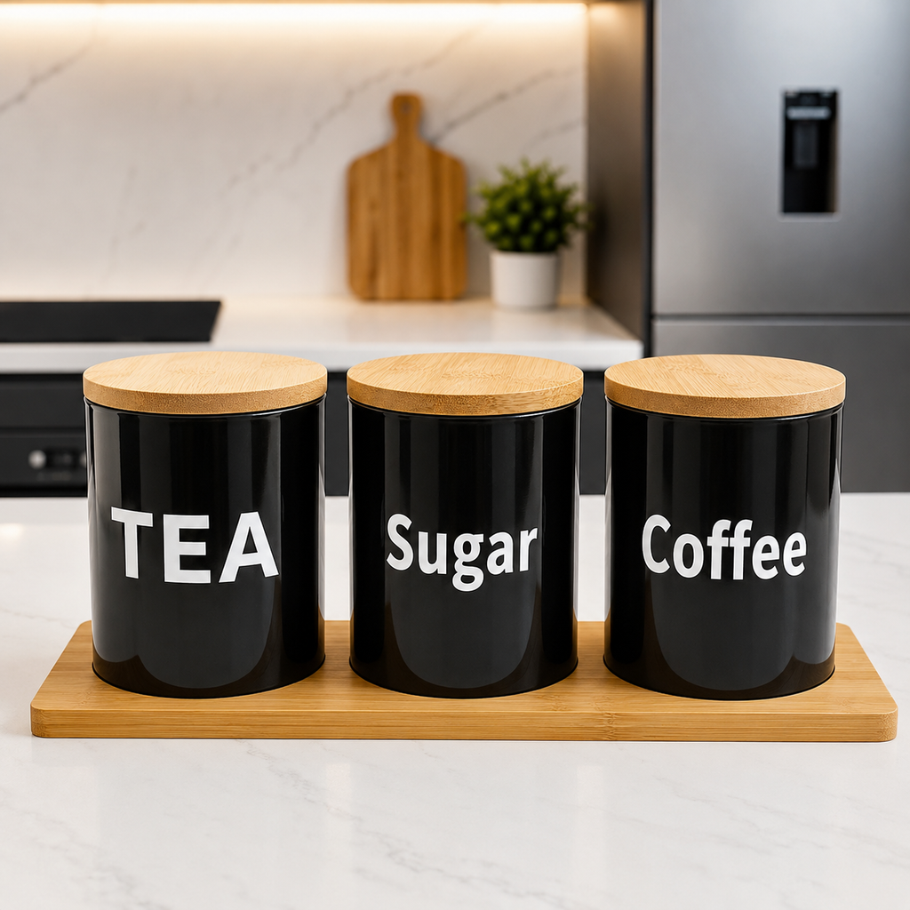 Airtight Glass Tea, Coffee & Sugar Jar Set with Bamboo Tray