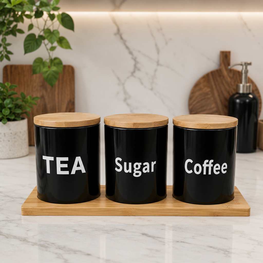 Airtight Glass Tea, Coffee & Sugar Jar Set with Bamboo Tray