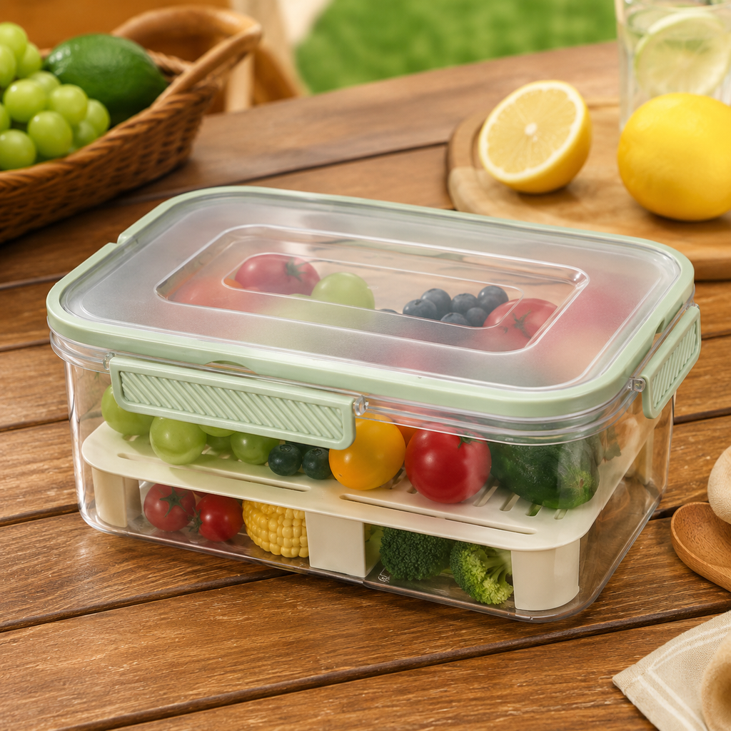 Airtight Produce Storage Container with Raised Slotted Tray