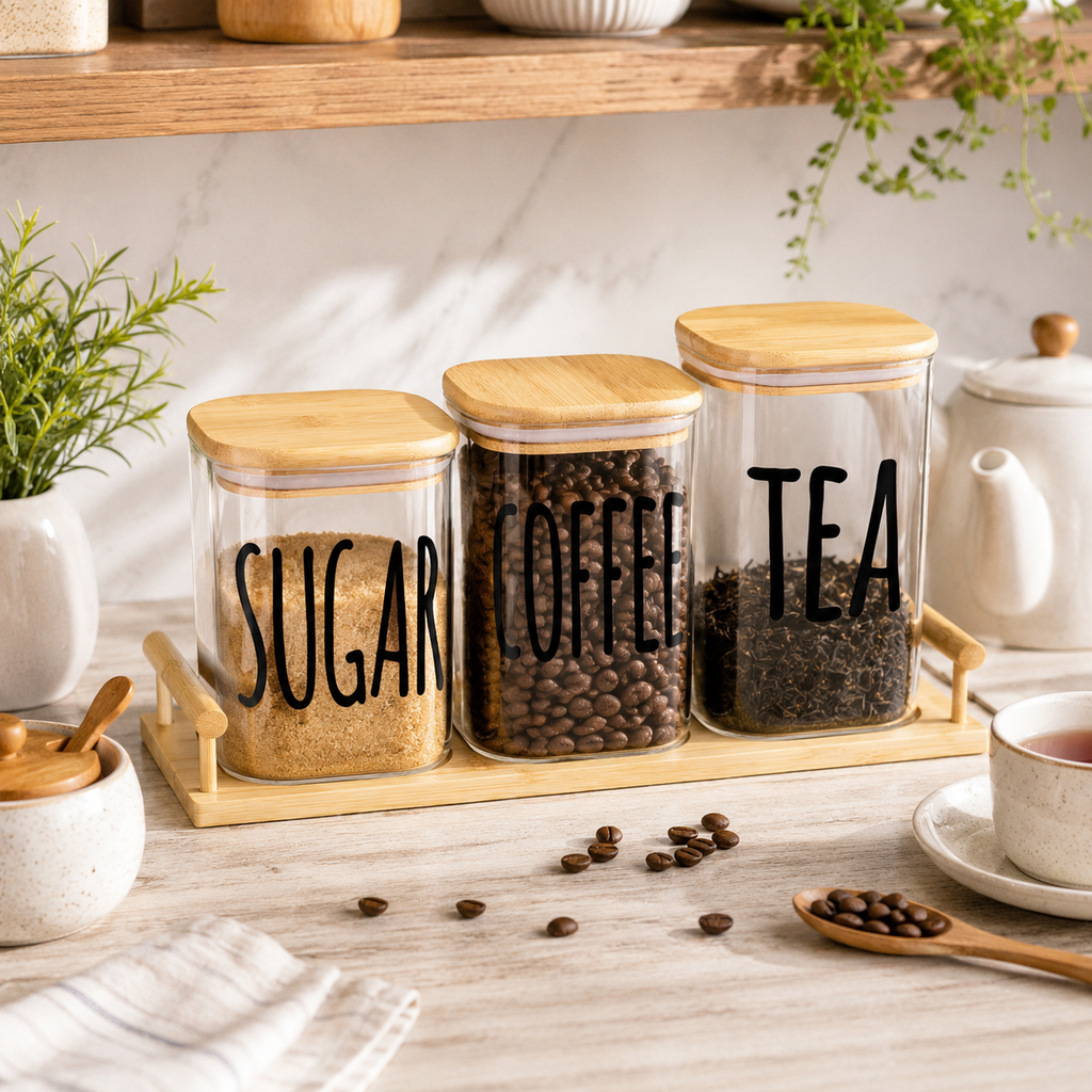 Airtight Tea, Coffee & Sugar Glass Jar Set with Bamboo Tray