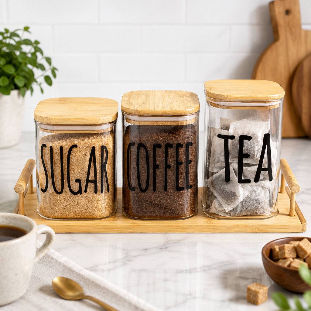 Airtight Tea, Coffee & Sugar Glass Jar Set with Bamboo Tray