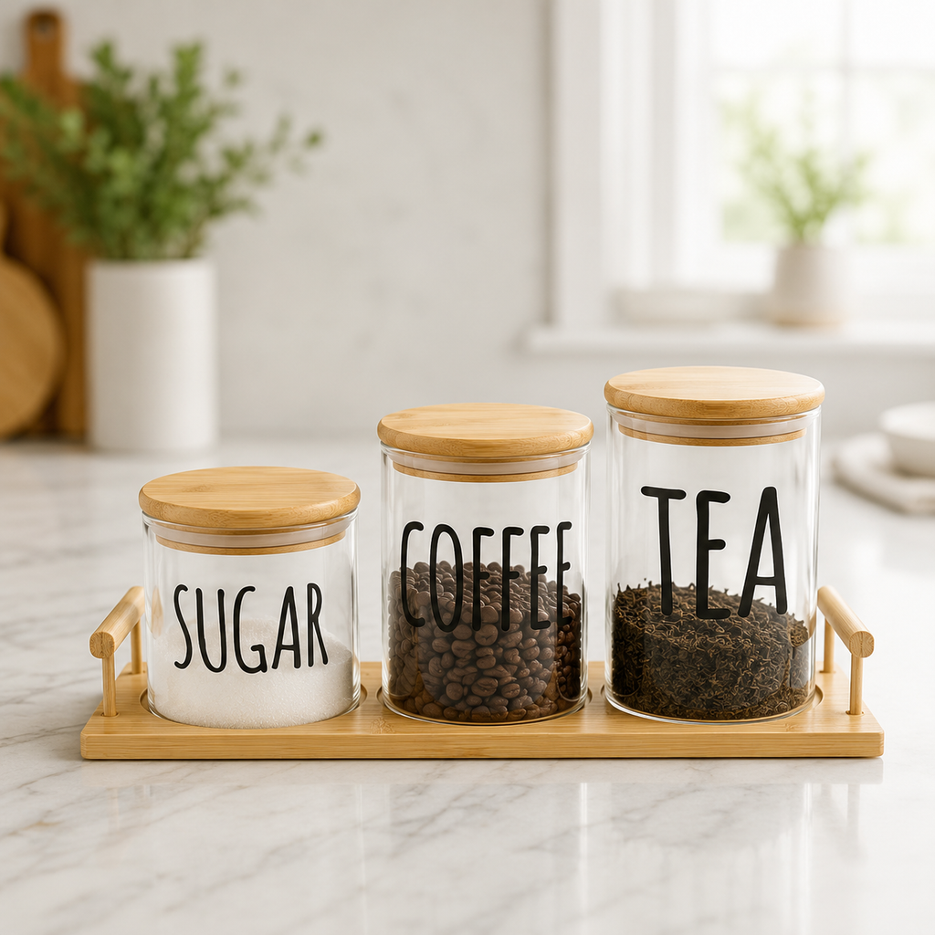 Airtight Tea, Coffee & Sugar Glass Jar Set with Bamboo Tray