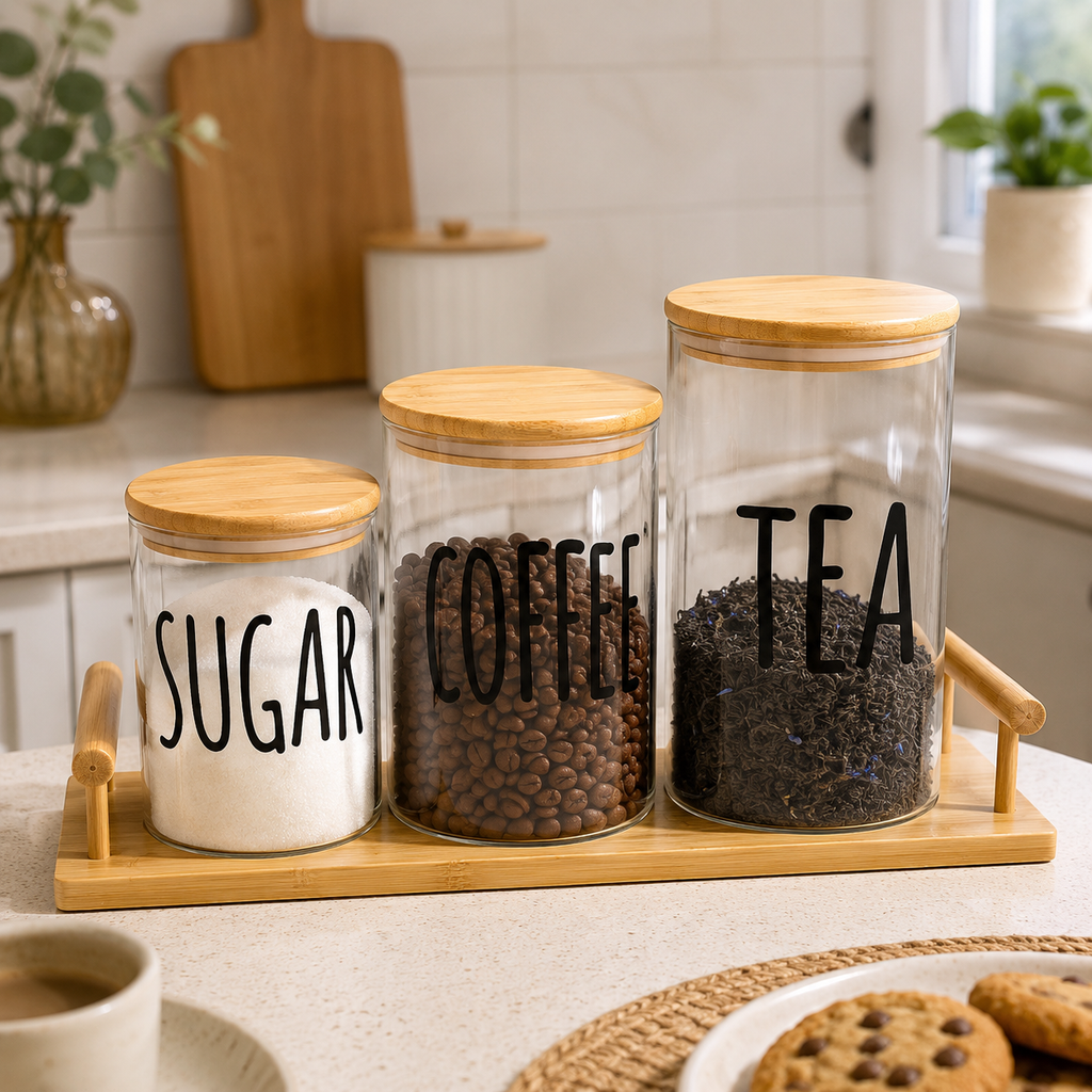 Airtight Tea, Coffee & Sugar Glass Jar Set with Bamboo Tray