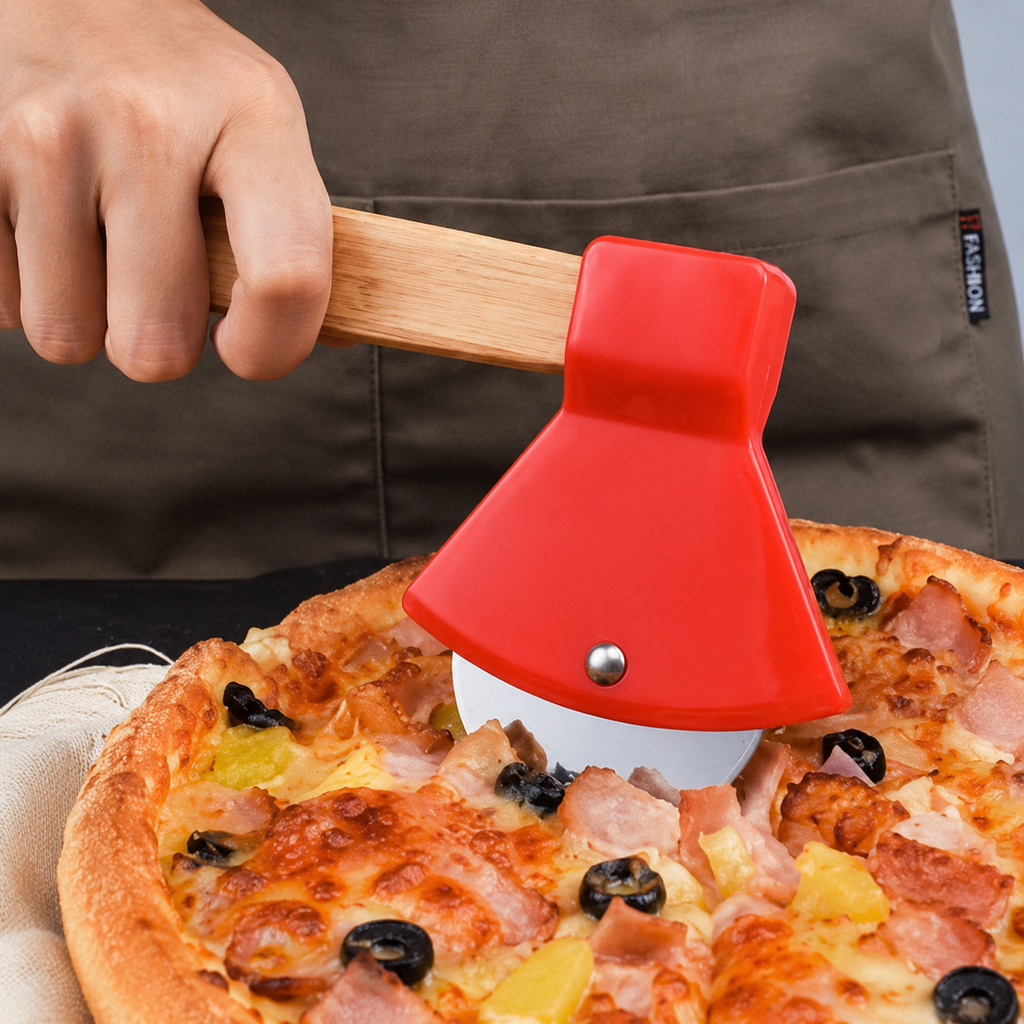Axe-Style Pizza Rolling Cutter with Bamboo Handle