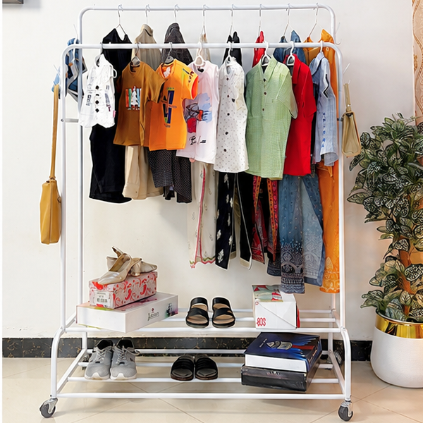 Dual Pole Metal Clothes Stand by Matrix (C) – With Side Hooks & Dual Shoe Tiers