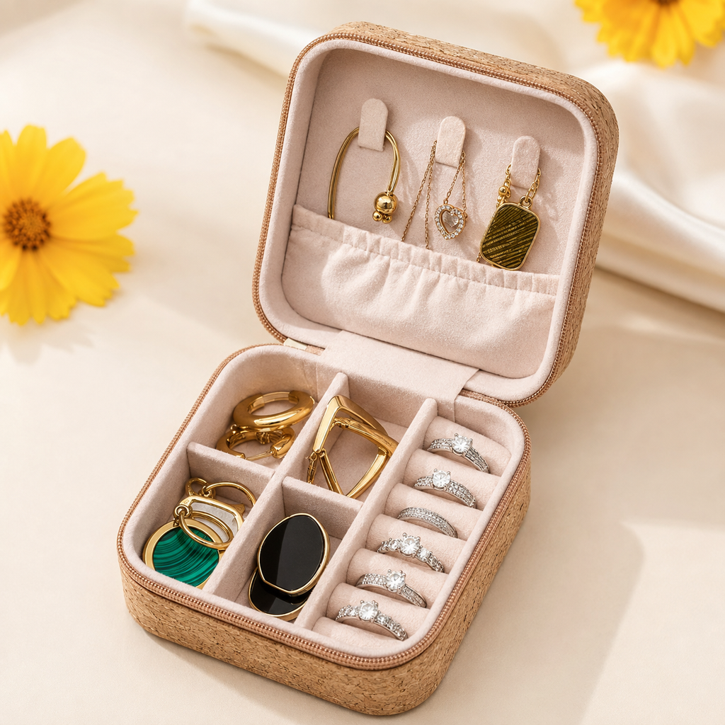 Compact Jewellery Organiser Box with Ring Rolls & Dividers