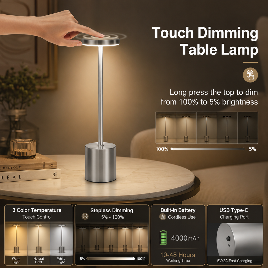 Dimmable 3-Colour Touch Table Lamp with USB-C Charging