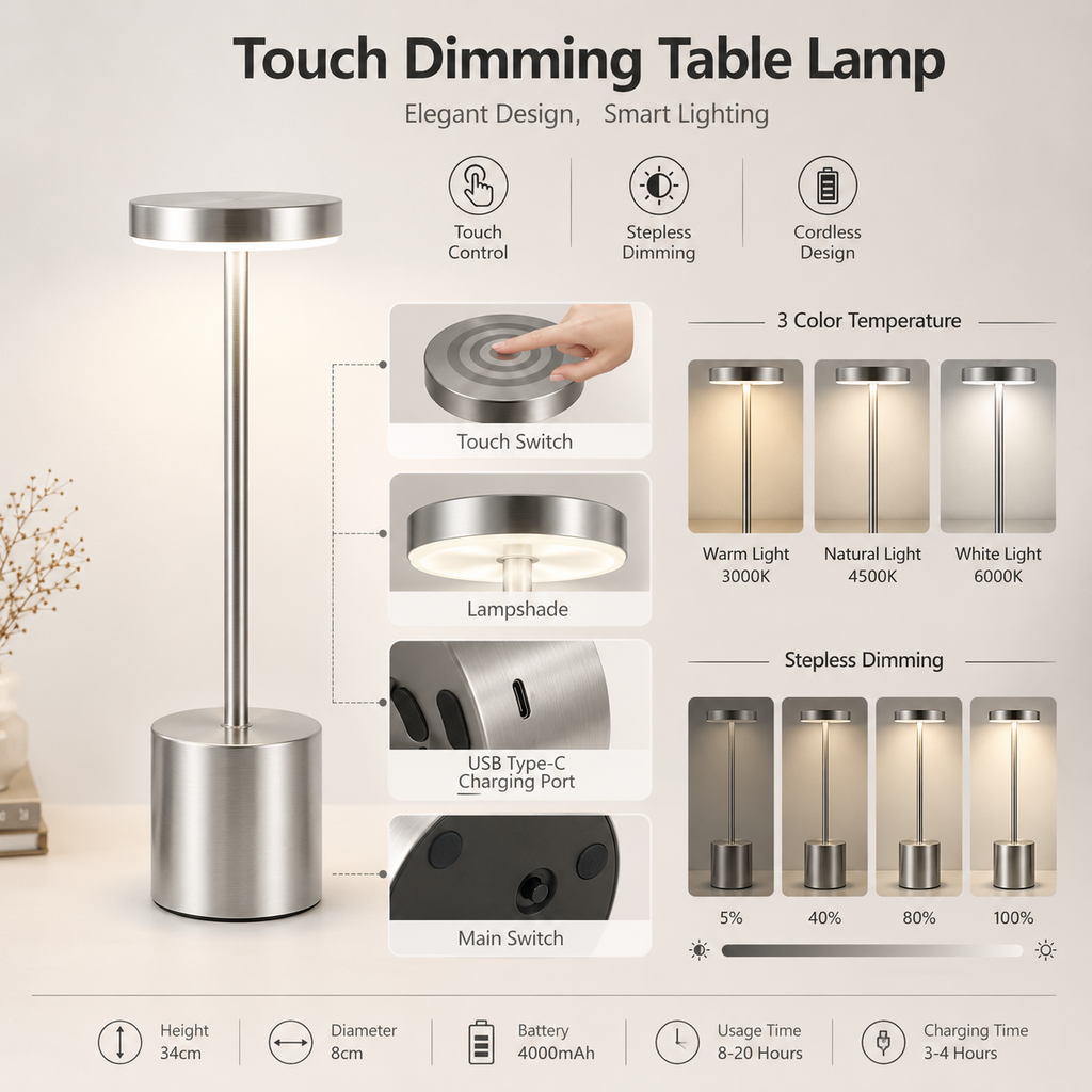 Dimmable 3-Colour Touch Table Lamp with USB-C Charging
