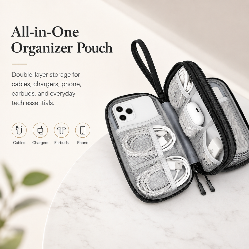 Double-Layer Travel Tech Organizer with Wrist Strap