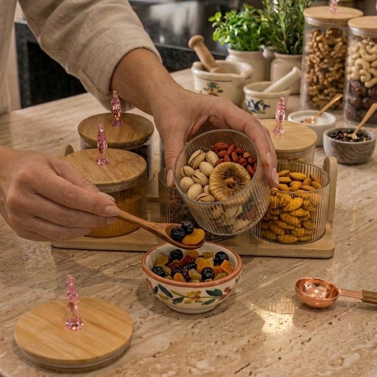 Luxury Ribbed Glass Dry Fruit & Snack Serving Set With Bamboo Lid & Tray (7-Piece)