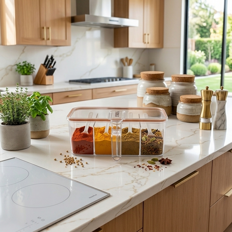 ClearVault 4-Compartment Spice Storage Container with Lid & Spoons