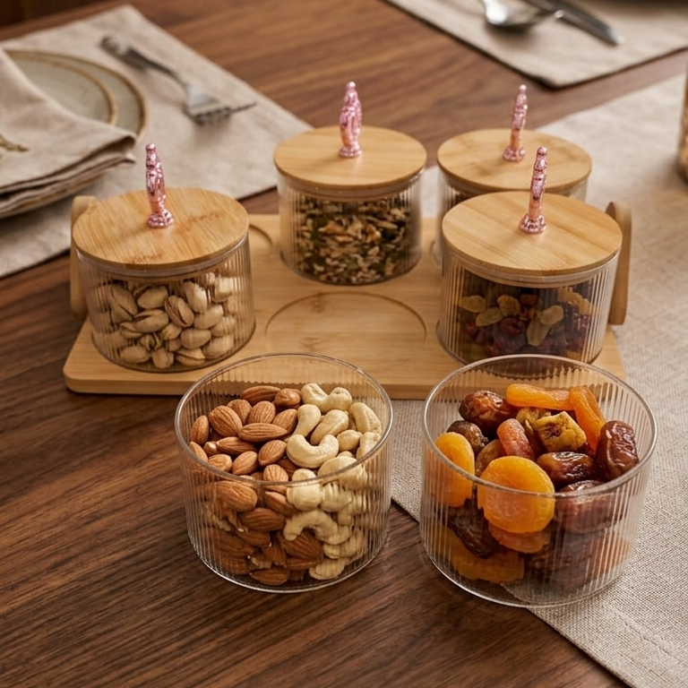 Luxury Ribbed Glass Dry Fruit & Snack Serving Set With Bamboo Lid & Tray (7-Piece)
