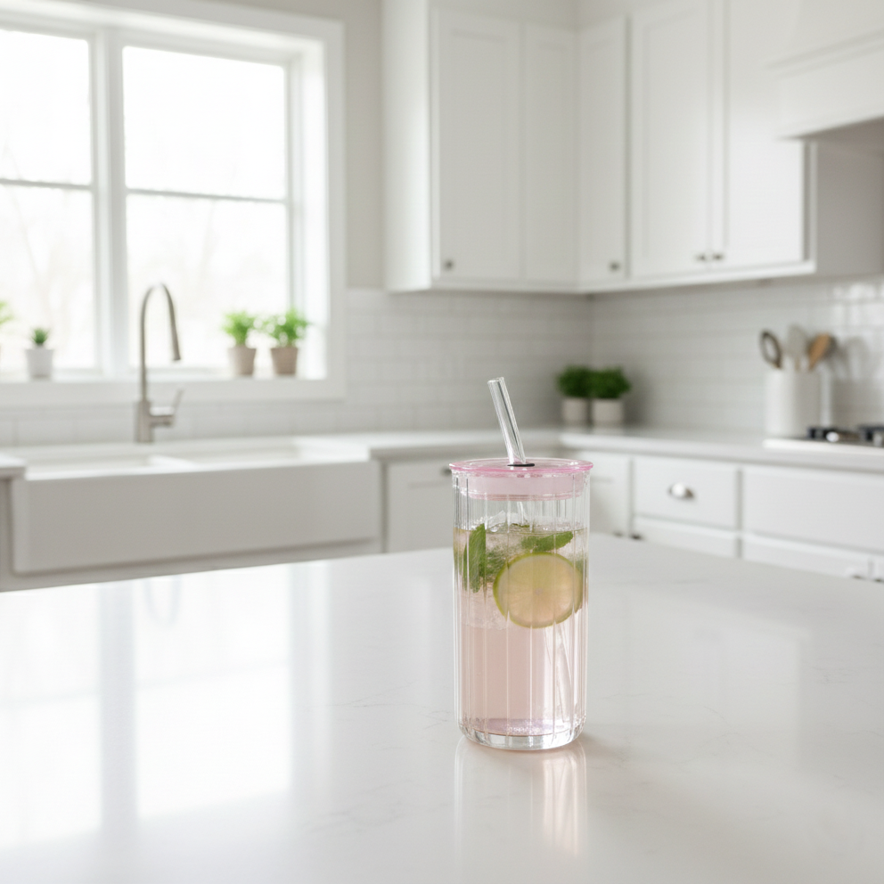 Reeded Glass Tumbler with Glass Straw