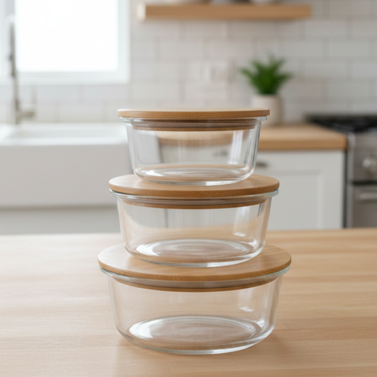 3Pcs Airtight Bamboo-Lid Glass Bowls Set (1145) – Round