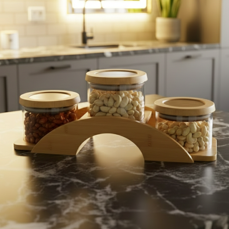 Bamboo Bridge with Round Glass Jars