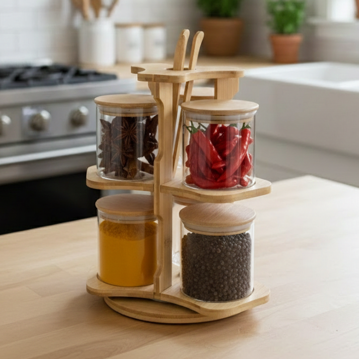 360° Bamboo & Glass Culinary Carousel with Round Jars (1134)